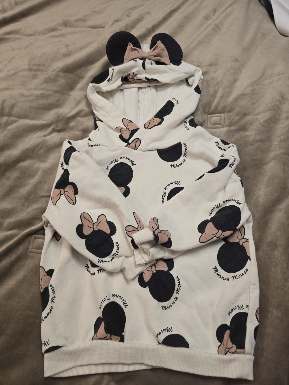 Disney Cream Hooded Minnie Mouse Pajama Top with Pink Bows